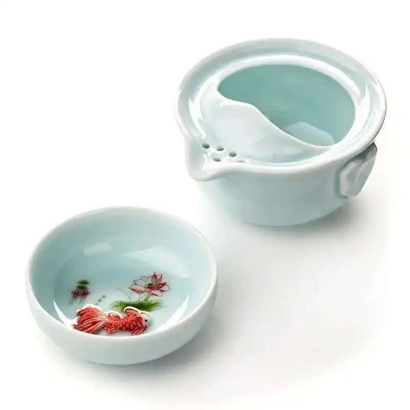 Gaiwan Tea Set celadon 3d Carp Kung Fu Tea Set Include 1 Teapot 1 Teacup Teapot Kettle