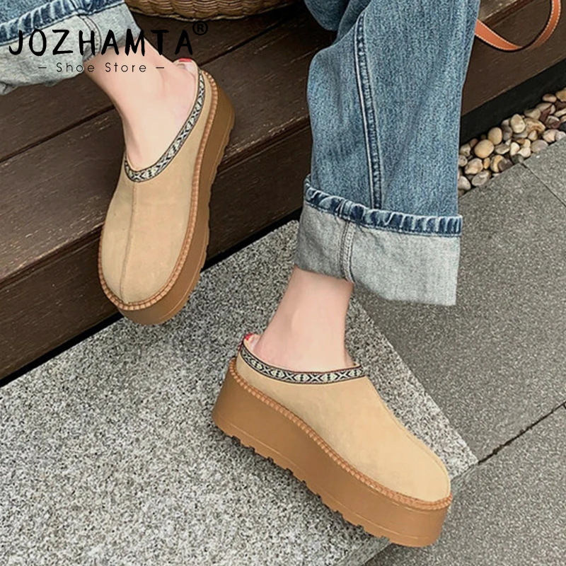 

JOZHAMTA Size 33-40 2024 Winter Warm Snow Boots Women Ankle Boots Fur Cow Suede Leather Heel Shoes Woman Outdoor Casual Slippers