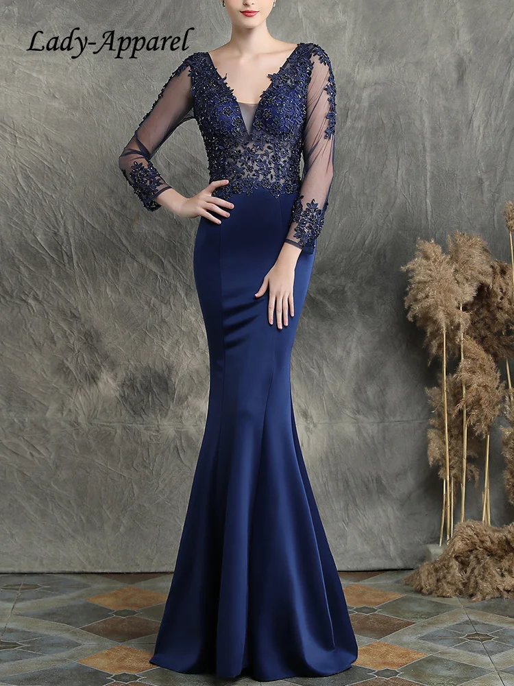

Y2K Aesthetic Applique Sheer Tulle Top Dress for Women Solid Color Long Sleeve Evening Gown Sexy Deep V Backless Fishtail Skirt