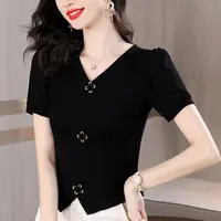 Elegant Women All-match Irregular T-shirt Summer Tees French Fashion Office Lady Solid Chic Cross Button Short Sleeve Slim Tops - Image 5