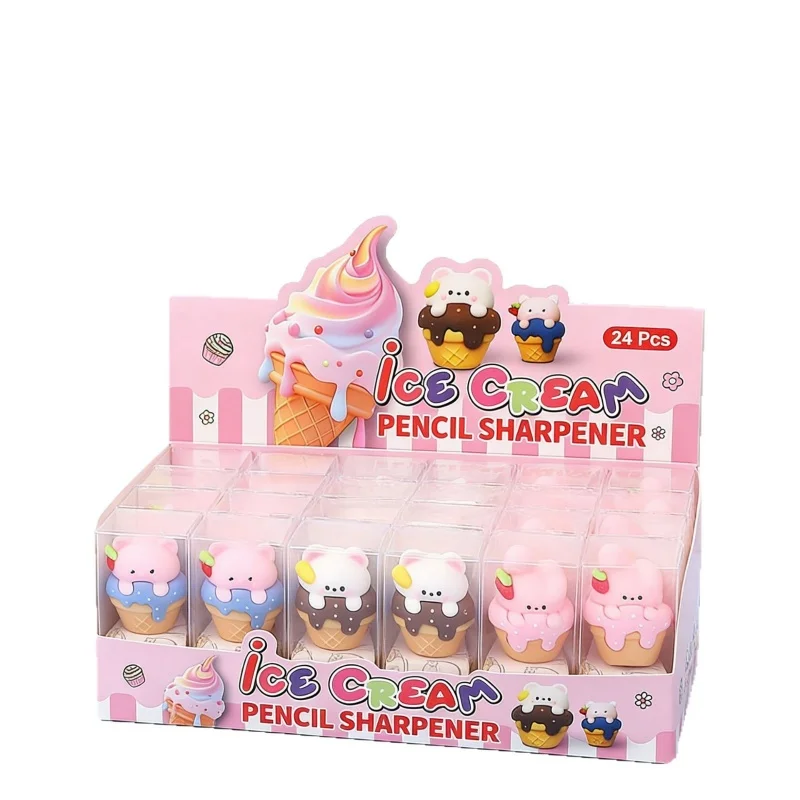 24 pc/LOT KAWAII 고양이 토끼 곰 아이스크림 연필 깎기 귀여운 손 기계 커터 칼 문방구 선물 학용품