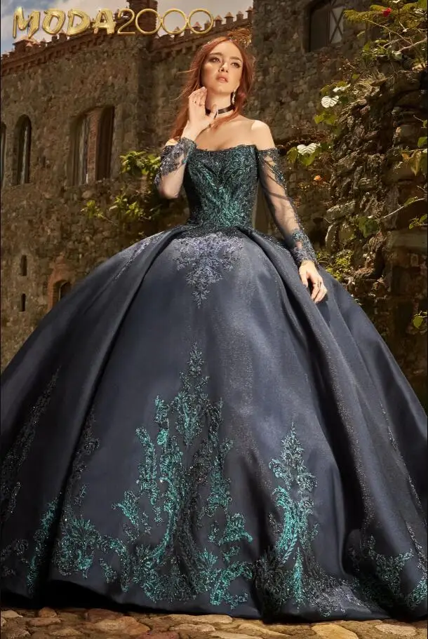 

Black Gillter Sequins Applique Quinceanera Dresses Illusion Long Sleeve Beaded Gothic Corset vestidos de 15 años quinceañeras
