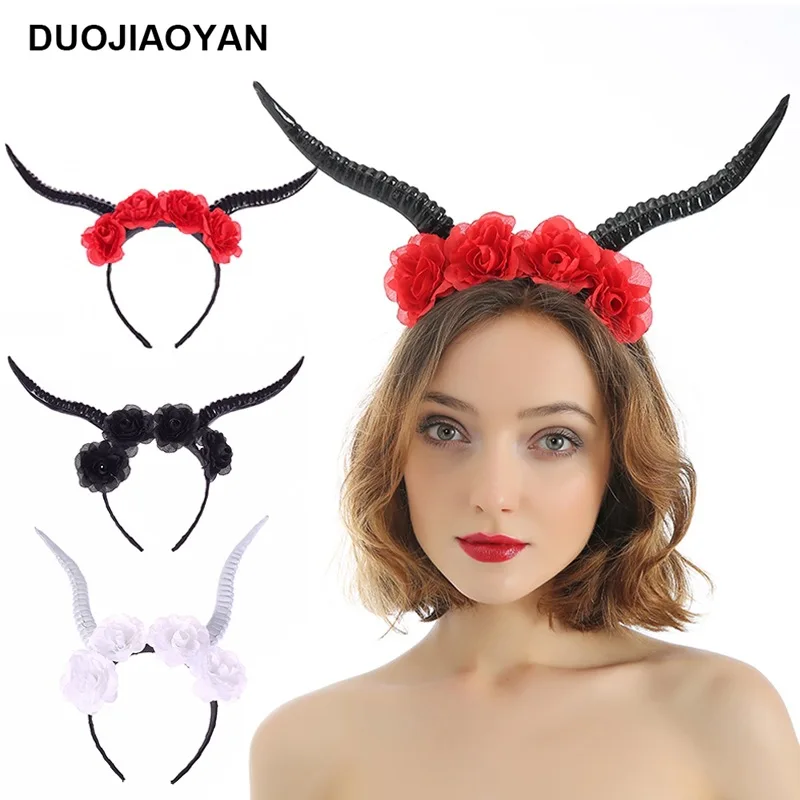 Europe And America Cross Border Red And White Roses Halloween Width Antler Hairband Animal Headband Spot Factory Direct Sales