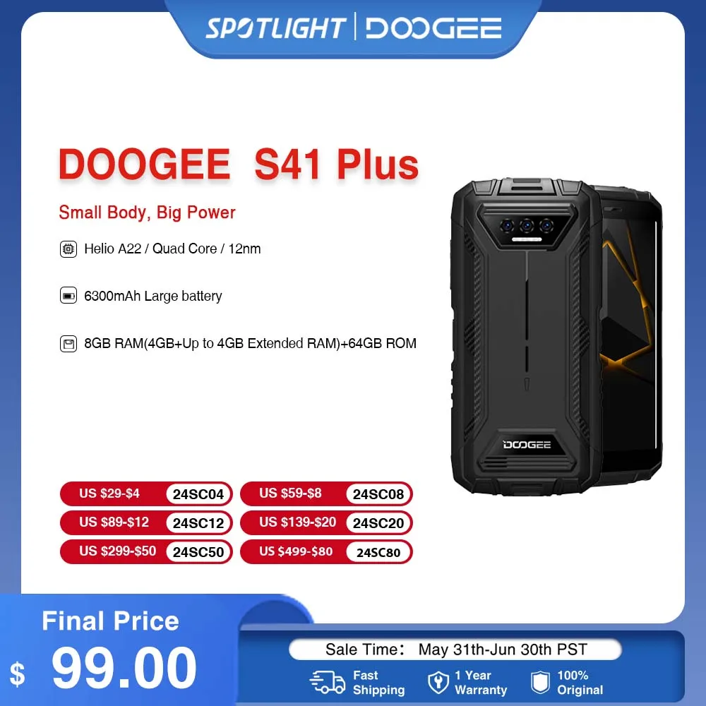 DOOGEE-Téléphone robuste S41 Plus, écran IPS HD de 5.5 pouces, triple caméra AI 13MP, 8 Go de RAM (4 Go + 4 Go jusqu'à 4 Go de RAM) + 128 Go de RAM, Android 13, Dean 6300mAh