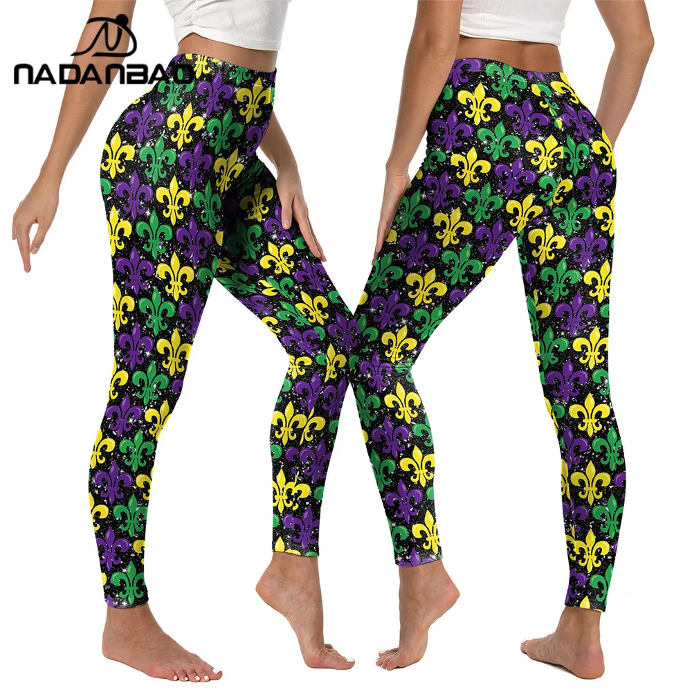 Lue's House Full Tri-Colors Fleur De Lis Print Leggings Women Soft Stretchy Mardi Gras Pants Carnival Party Trousers Workout Tights - Image 1