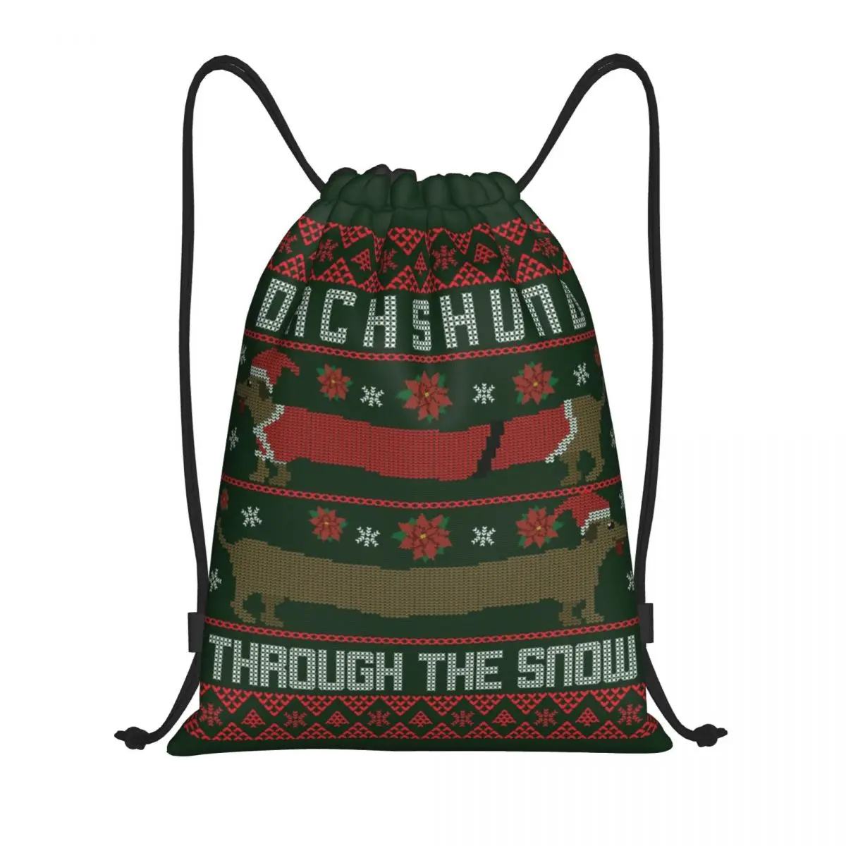 

Christmas Dachshund Through The Snow Drawstring Backpack Bags Men Lightweight Puppy Dog Gym Sports Sackpack Sacks for Shopping