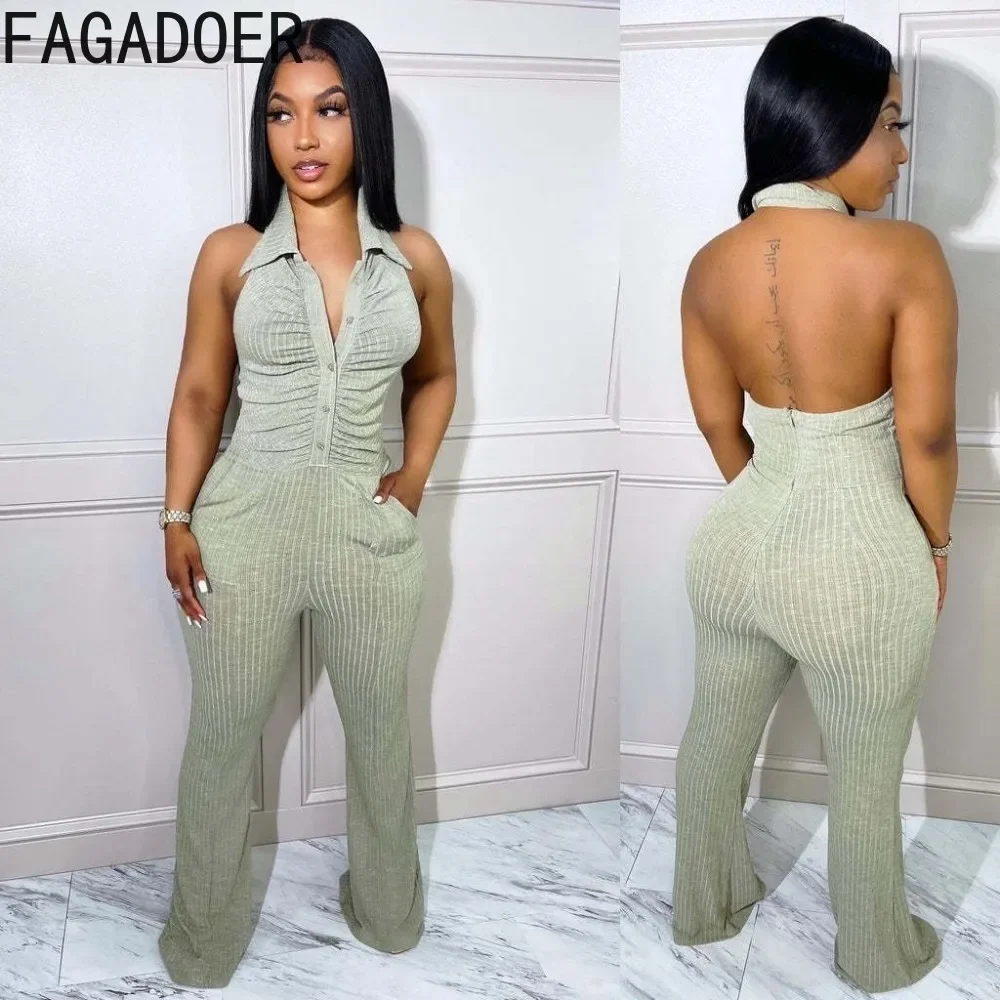 FAGADOER Sexy Halter Ruched Knitting Jumpsuits Women Pockets Stacked Club Party Slim Wear Fashion Street Casual Jumpsuits female