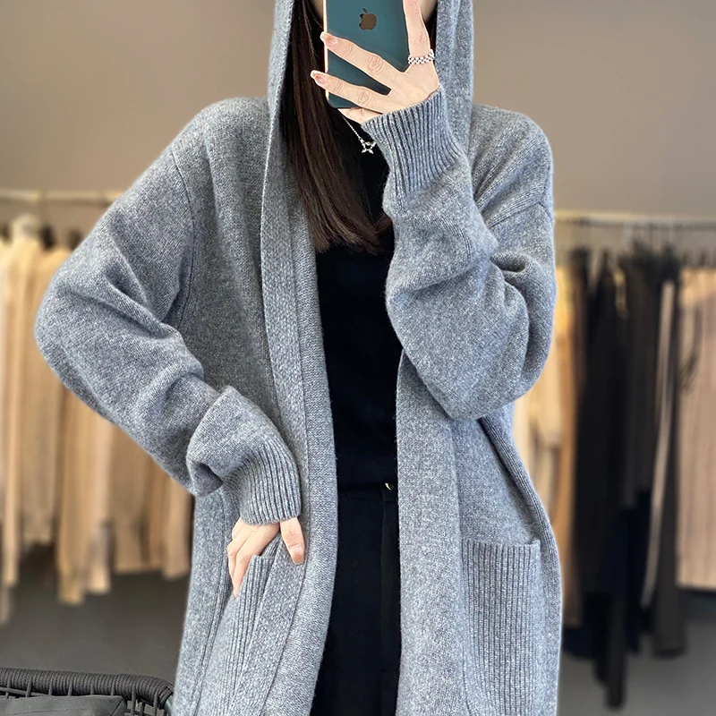 

Women's Cashmere Long Over Knee Hooded Sweater 100% Merino Wool Twisted Top Thickened Jacket Autumn and Winter Cardigan