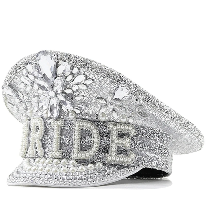 

Шляпа невесты с ручной вышивкой блестящим хрустальным жемчугом Капитанская шляпа для помолвки HXBA