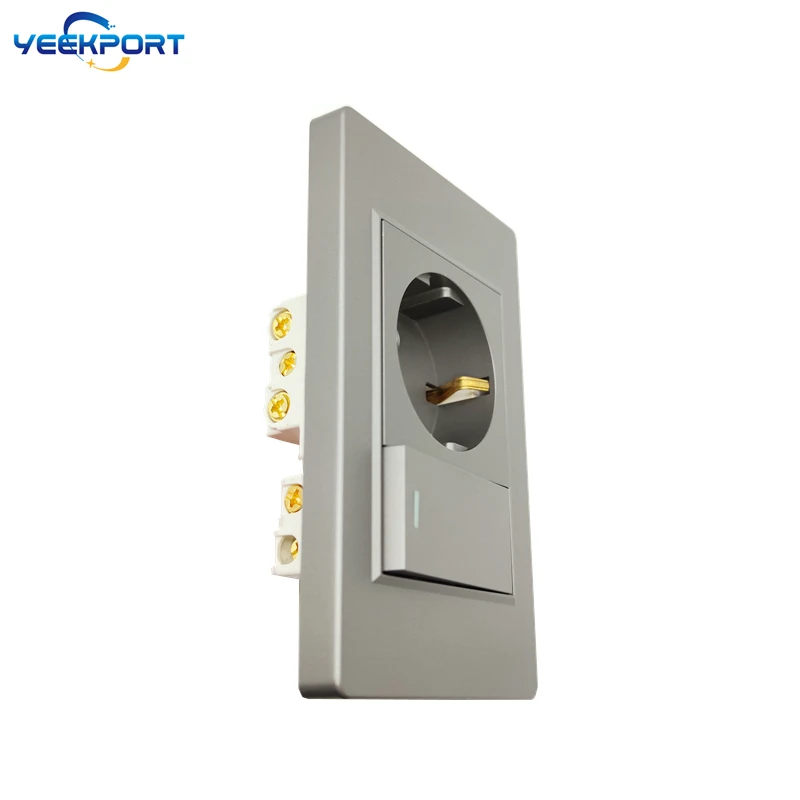 Description Picture 3 of item118mm EU Household German Standard Grey PC flame retardant panel 16A 2-hole Power Plug Wall Socket with Switch Combination