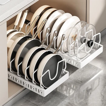 1/2pcs Kitchen Pots & Pans Organizer Under Cabinet Sliding Drawer Pot Lid Organizer Pull Out Cabinet Storage Tray with 8Dividers