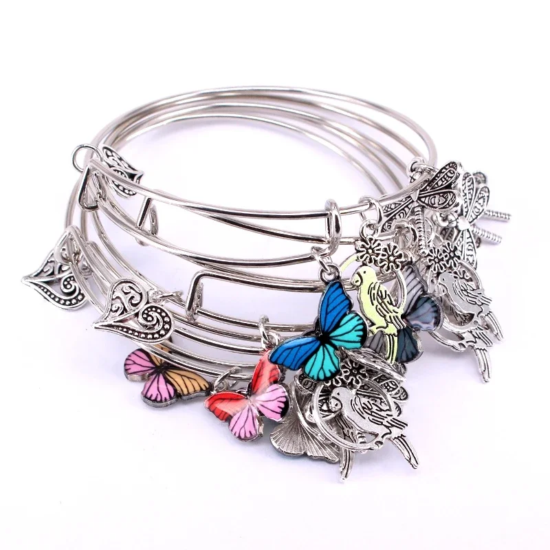 Bangle Bracelet 5pcs Bangle Set Wire Bracelets for Women Girls Jewelry Butterfly Parrot Dragonfly Love Heart Charms