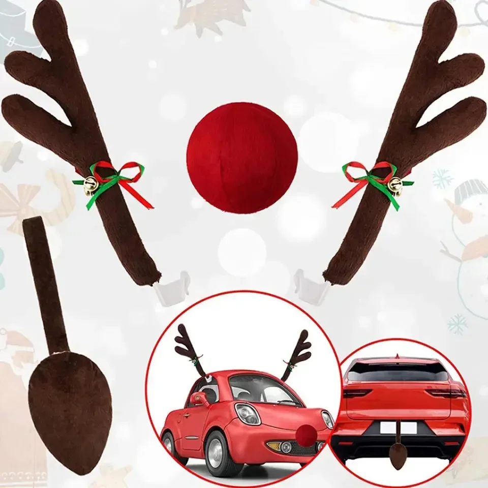 Christmas Car Decoration Deer Horn Antlers Car Kit with Red Nose and Tail for Holiday Gift Set Car Accessories Pendant 4