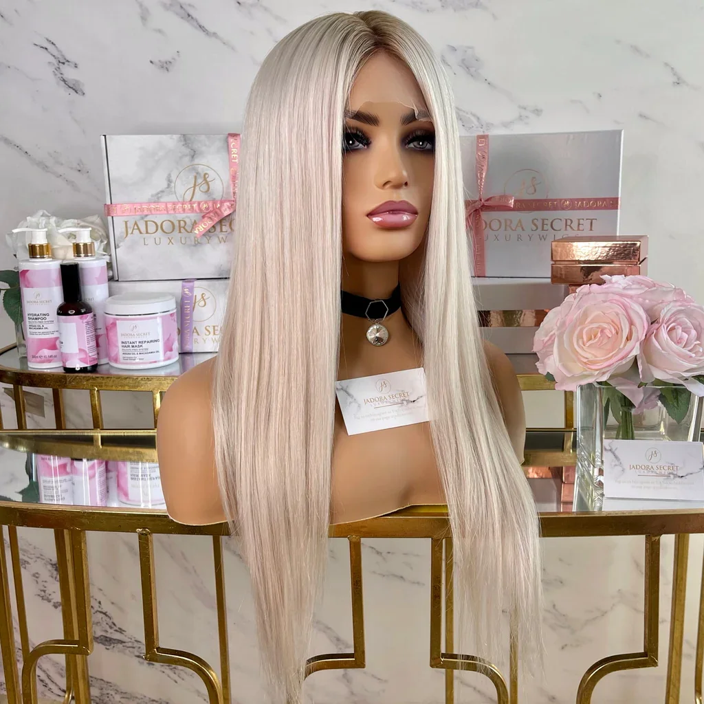 Ash Shadow Blonde Root with Icy Platinum Straight Lace Front Wig Premium Human Hair Full Lace Wigs Preplucked Hairline 13x6 HD