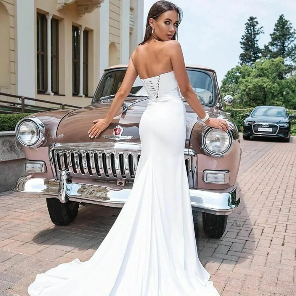 Mermaid Wedding Dress Brides Strapless Lace Up Big Bowknot Bride Dress Long Train Elegant Wedding Party Bridal Gown Customized 2