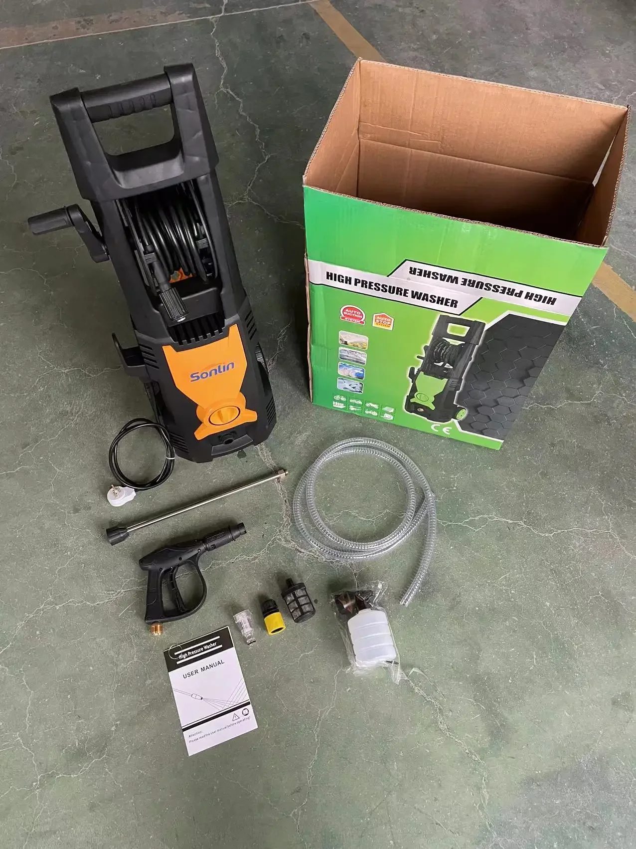 Sonlin 1800W Induction Motor 140Bar Yellow Portable High Pressure Car Washer 220-240V/50HZ 6.3L/min Car Wash Machine Automatic 6