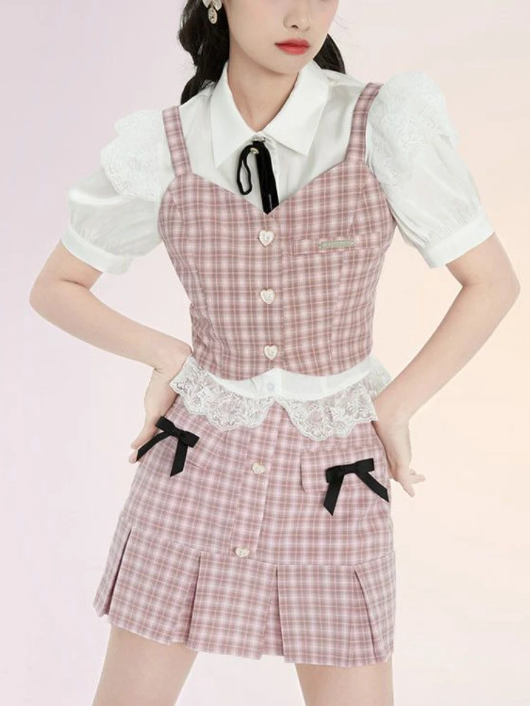 

Женский комплект из 3 предметов, розовый клетчатый костюм в стиле преппи из французской милой мини-юбки с кружевом и бантом, Женский приталенный костюм с юбкой в японском стиле, лето 2023