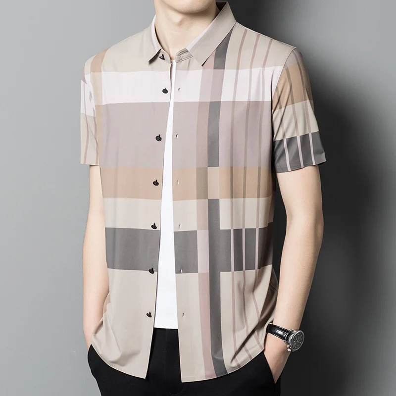 

Summer Seamless Men's Luxury Short Sleeve Big Plaid Business Casual Thin Simple Male Dress Shirts Plus Size 4XL