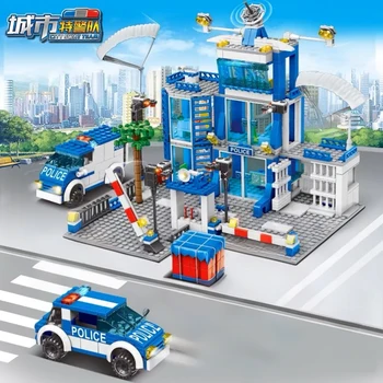 City police station building block group boy DIY car brick police station model building children's educational toy gift 1