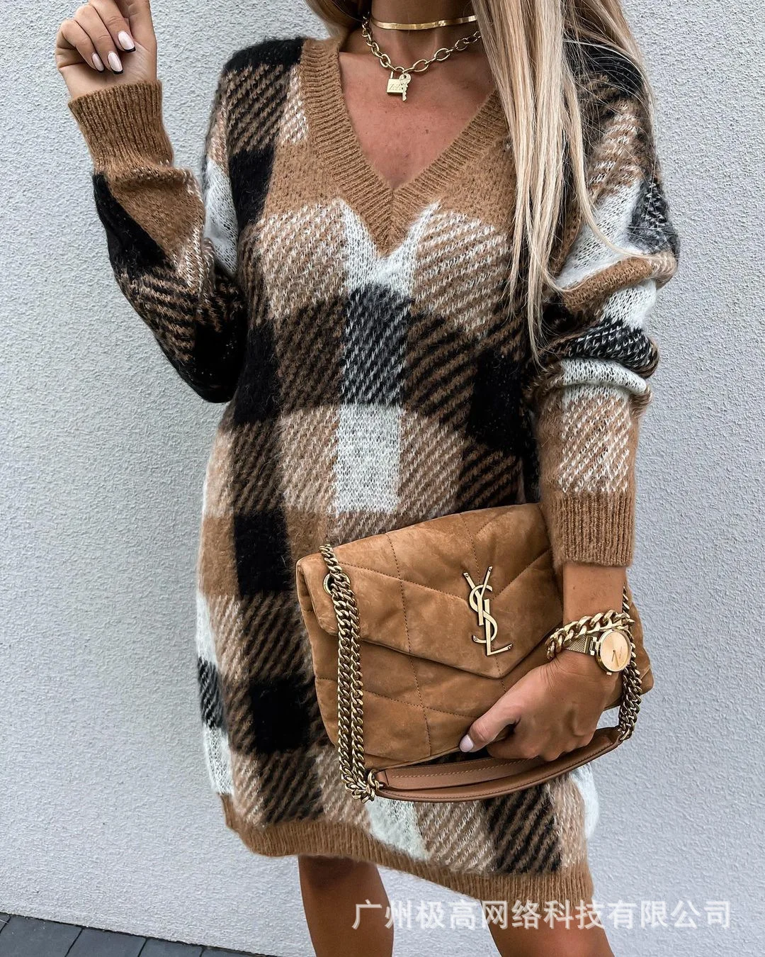 

Women Sweater Dress Knitted Slim Check Print V-neck Fashion Commuter Long Sleeve Pullover Khaki Dress Autumn Winter Temperament