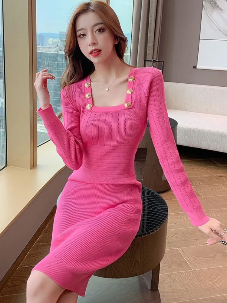 

Spring Button Square Collar Pullover Sweater Sheath Bodycon Pencil Dress Women Knitted Dresses Chic Simple Vestidos