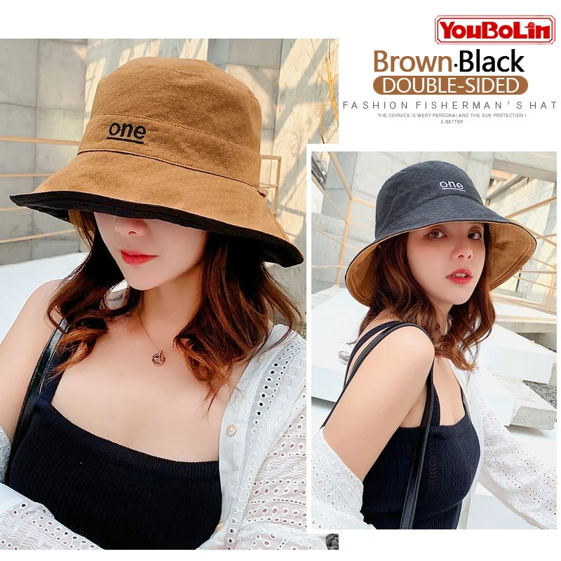 Womens ‘ONE‘ Letter Embroidery Double-Sided Cotton Bucket Hat S56e7cd7eef3e4882a63d5da1d05d725aU