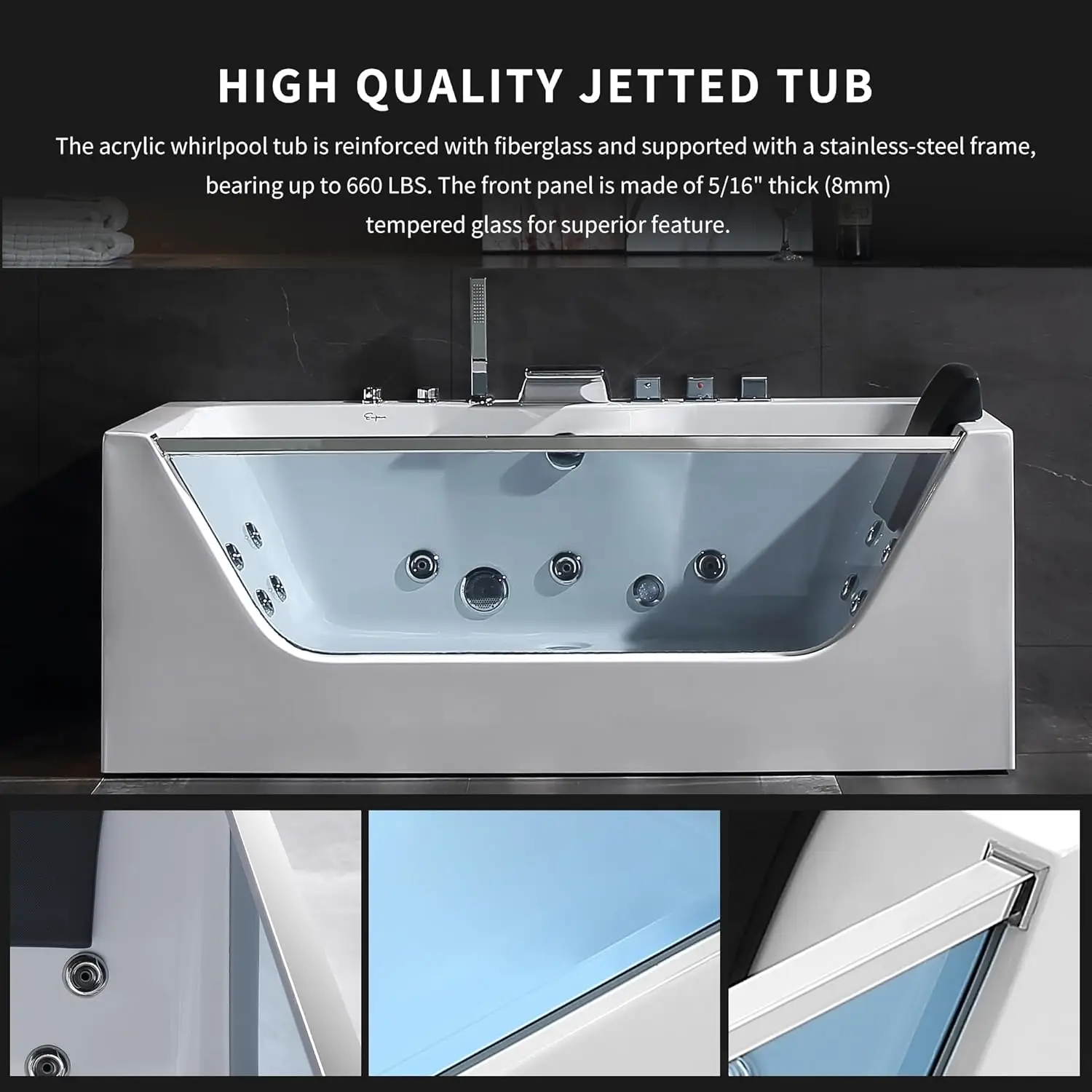 59 inch Whirlpool Bathtub Jetted Tub with Light SPA Hydromassage with Chromatherapy Acrylic 3 Side Apron White High Quality 5