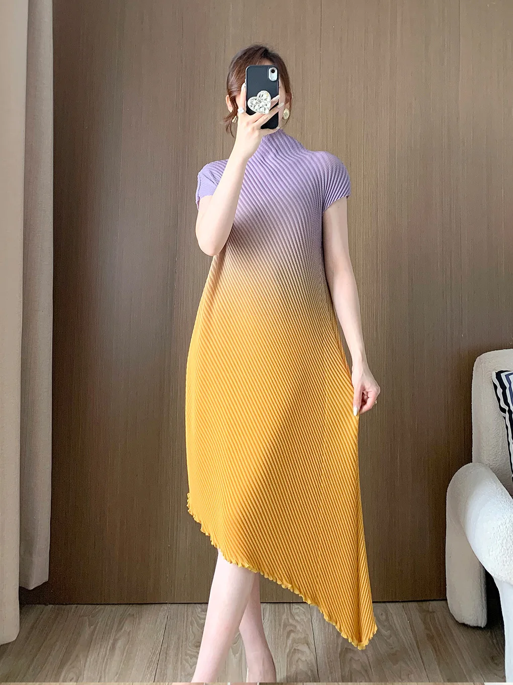 

Женское плиссированное платье миаке, модное асимметричное платье стрейч с высоким воротом и коротким рукавом