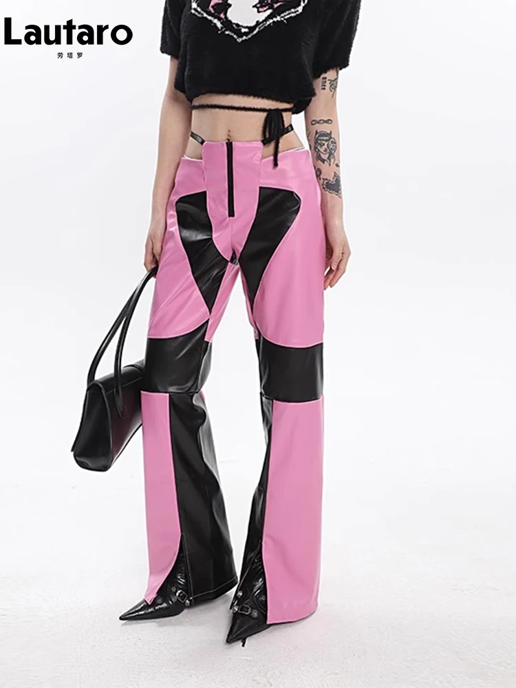 

Lautaro Spring Autumn Sexy Pink and Black Patchwork Hollow Out Pu Leather Flare Pants for Women Emo Designer Gyaru Clothes 2023