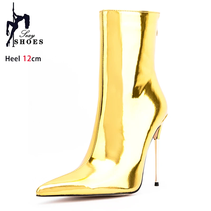 Shine Blue Mirror Women Boots Sexy Stilettos Pointed Toe Ladies Fashion Runway Booties Candy Color High Heels Side Zipper Bootie