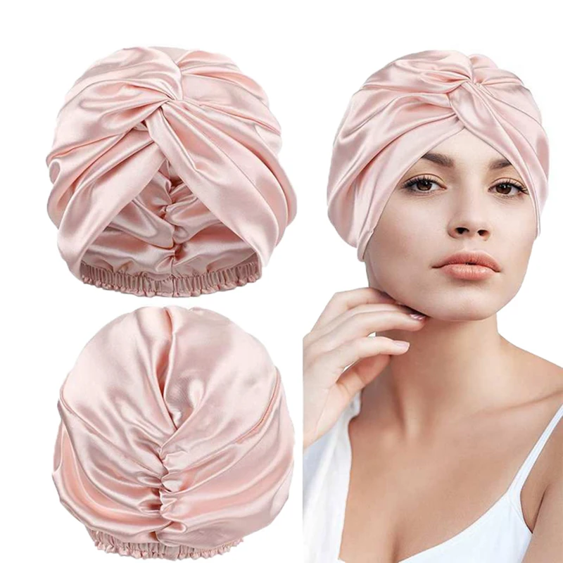 Sleep Cap Satin Hair Bonnets Beauty Items for Women 100% Mulberry Natural Silk Bow Tie Wide Adjustable Bathroom Shower Cap