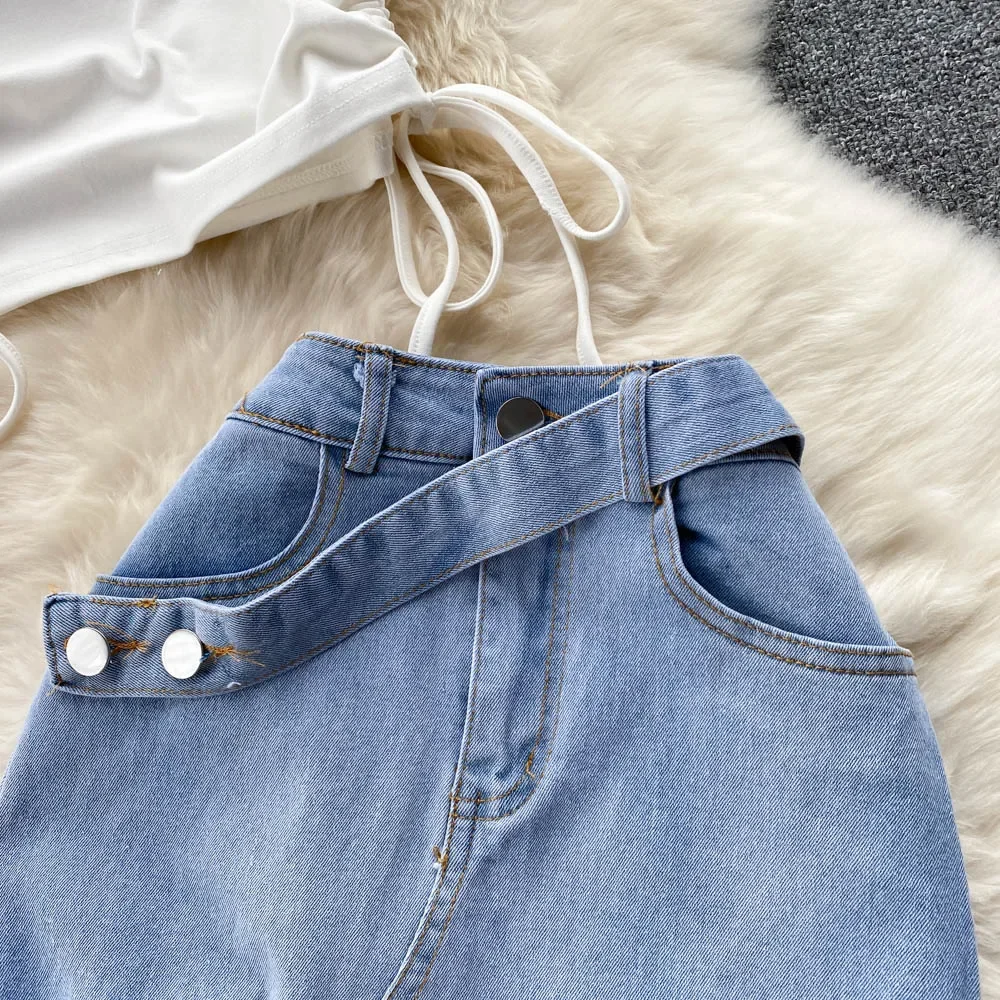 Summer Women Two 2 Piece Set Sexy  One Shoulder Crop Top+High Waist Button-up Denim Skirts Korean Office Lady Sleeveless Suits