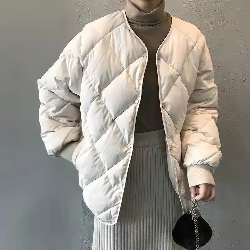 Autumn and Winter 2023 New Down Cotton Jacket Women Short Hong Kong Style Diamond Check Light Cotton Jacket Loose Cotton Jacket autumn and winter pullover high neck hoop yarn large check imitation cashmere shawl