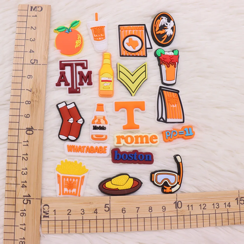 

Mix 50PCS PVC Croc Charms Burger Beer Drink Orange French Fries ATM Boston Socks Diving Goggles Shoe Decoration Buckle Kids Gift