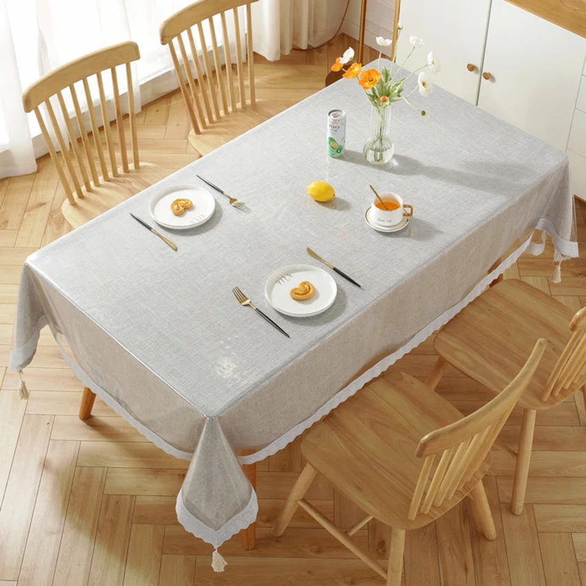 Table Cloth Table Protector Lace Hem Transparent Tablecloth Waterproof Oil-proof PVC Table Cloth Home Kitchen Dining Table Decorative Protective Cover