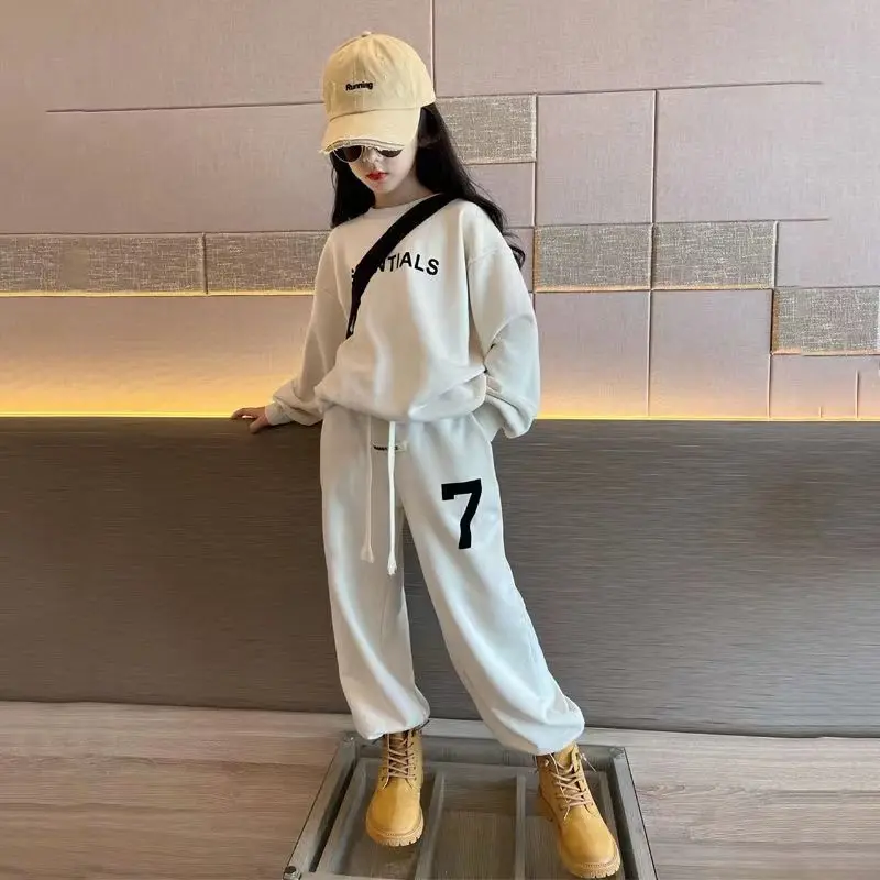 

Комплект из двух предметов для девочек 5-12 лет, свитшот с манжетами, топ с длинным рукавом и буквенным принтом, повседневная одежда с эластичным поясом на завязках