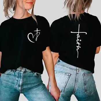 New Women's Heart Cross T-shirt Fashion Faith Jesus Print Female Short Sleeve Shirts Summer Harajuku Short Sleeve Casual 1