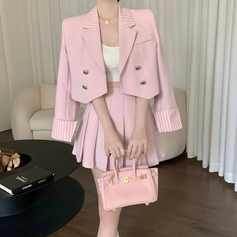 

Korea Fashion Temperament Autumn Splicing Striped Jacket + High Waist Pleated Skirt Women's Clothing Set 2 Pieces Sets Outfits