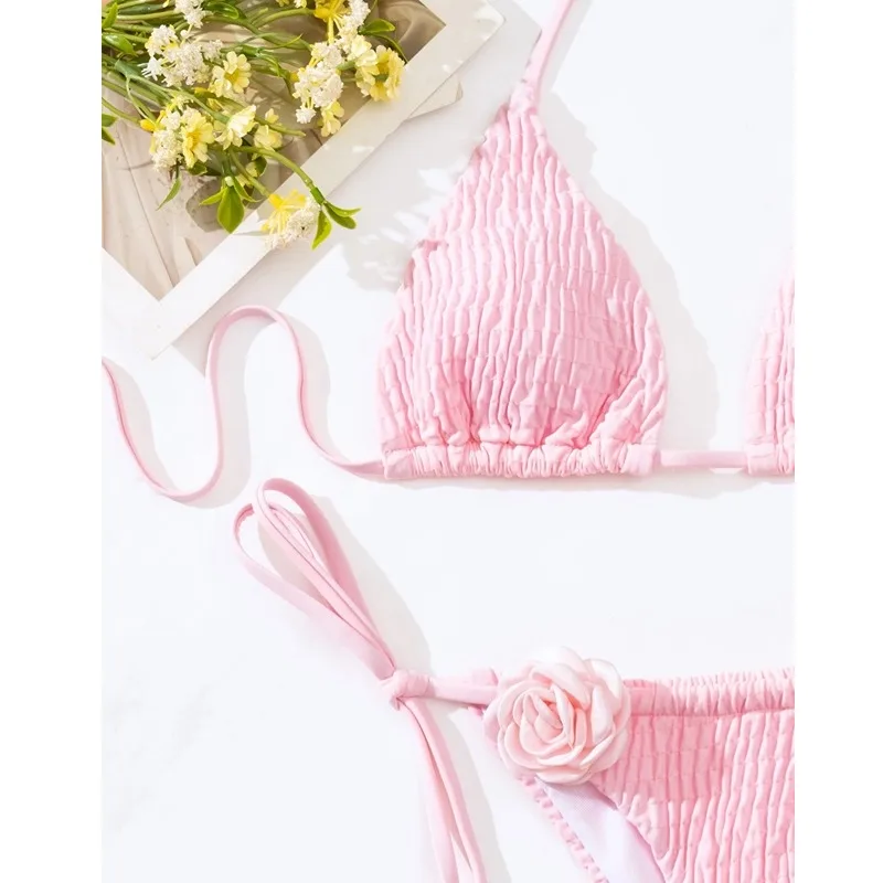 2024 Sexy Women 3D Rose Bikini Set Two Piece Tie Back Halter Cheeky Swimsuit Bathing Suit