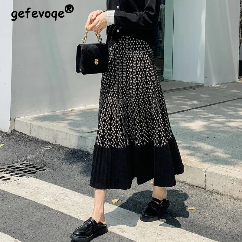 Spring Autumn High Wait Elegant Fashion Printed Knitting Patchwor Skirt Women Slim Casual All-match A-line Skirts Female Clothes