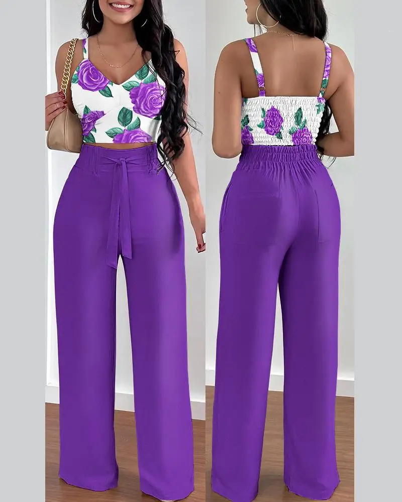 

2023 New Fashion Women's Two-piece Suit, Pleated Halter Top + Fashion Pocket Design Wide-legged Pants Set
