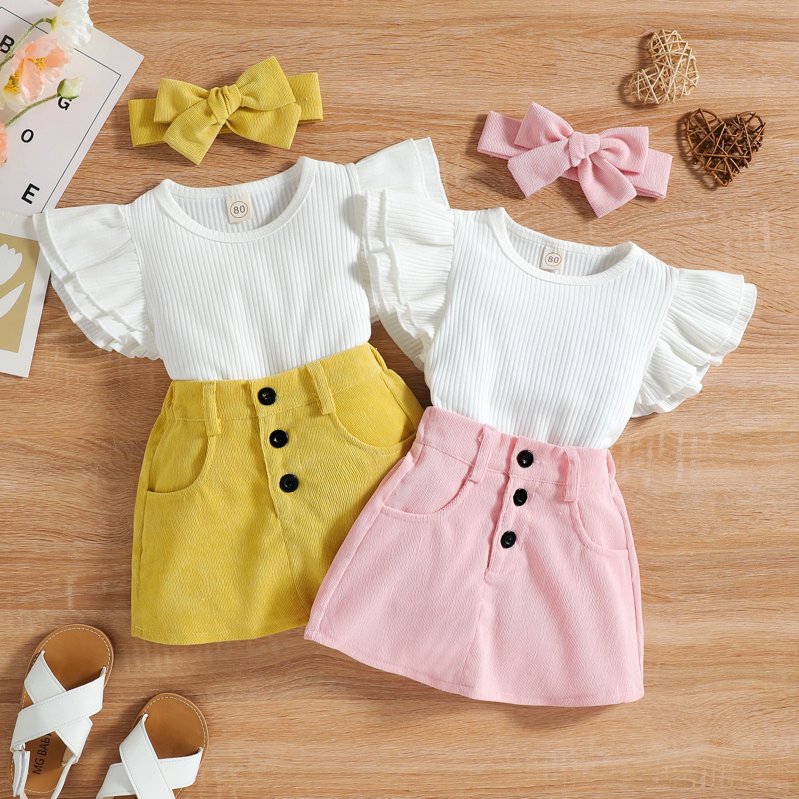 Baby Clothing Set for boy Baby Girl Clothes Children Casual Outfits Infant Solid Flying Sleeve T-shirt + Skirt 2pcs Set Toddler Summer Cute Clothing Sets newborn baby clothing gift set