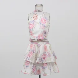 Chic Floral Backless Sleeveless Mini Dress - Sweet A-Line Hem Stacking Party Outfit - S (Top skirt sets)