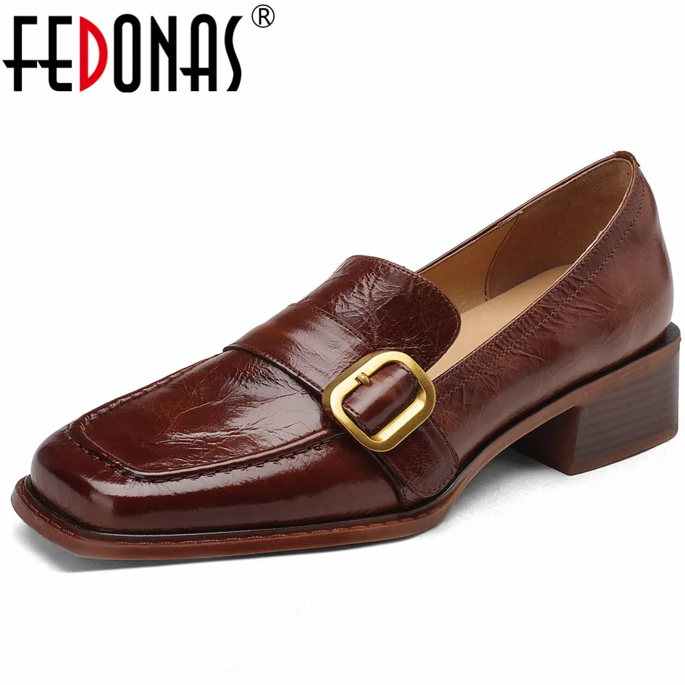 

FEDONAS Classic Square Heeled Women Pumps Basic Office Lady Shoes Woman Spring Summer Genuine Leather Belt Buckle Working Pumps