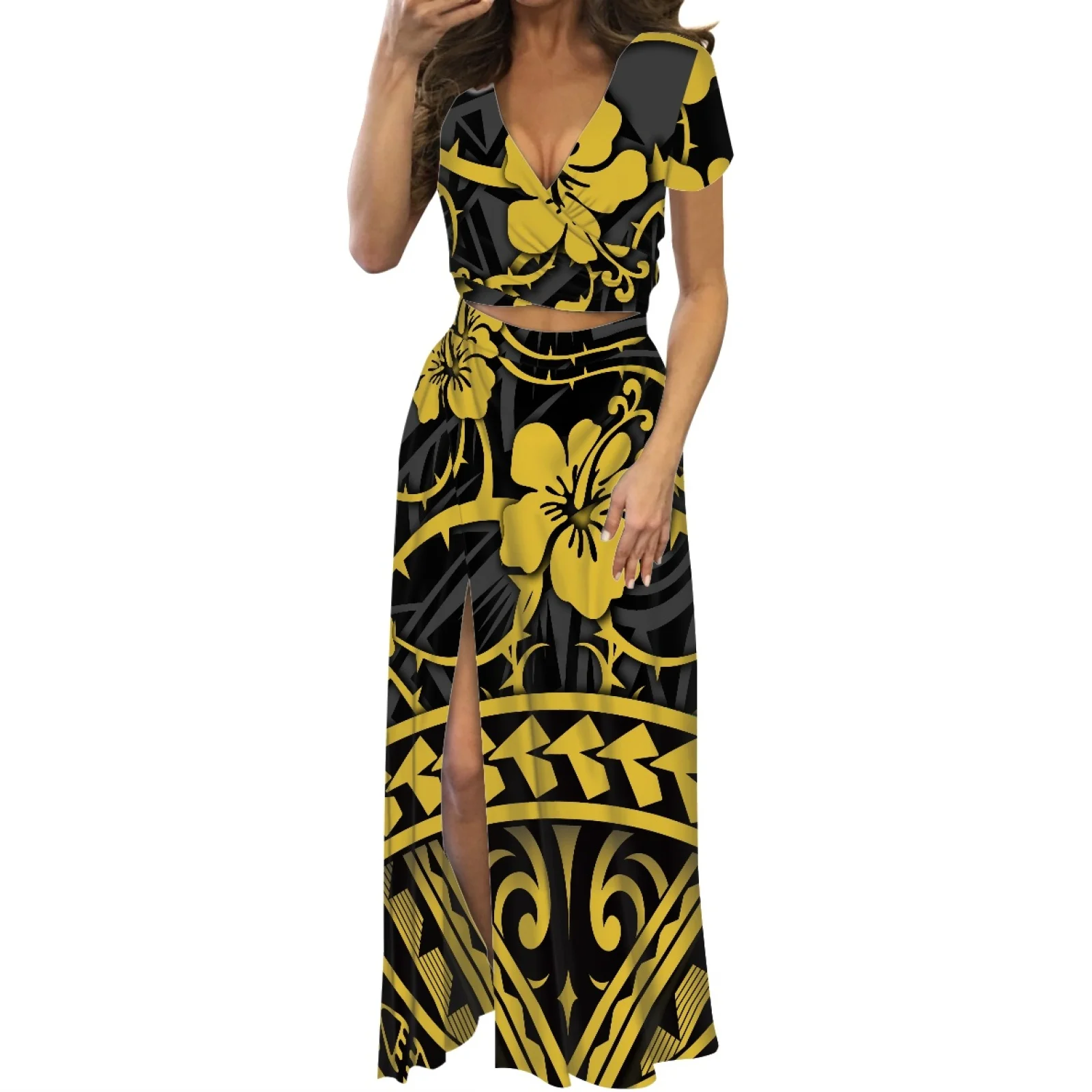 

High Quality Split Dress Polynesian Tribal Print Short Sleeve V-neck Summer Hot Sell Fashionable Elegant Party Dress Women