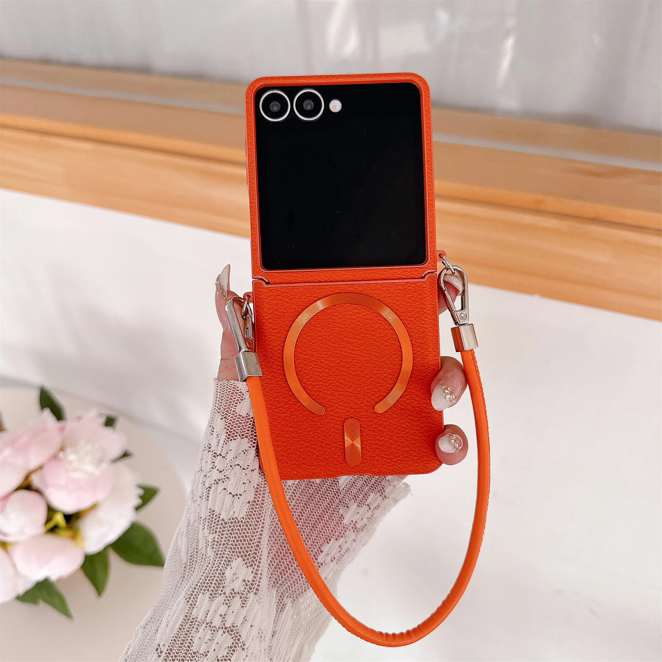 Enhanced Leather Magnetic Cover with Wristband and Lanyard for Seamless Wireless Charging