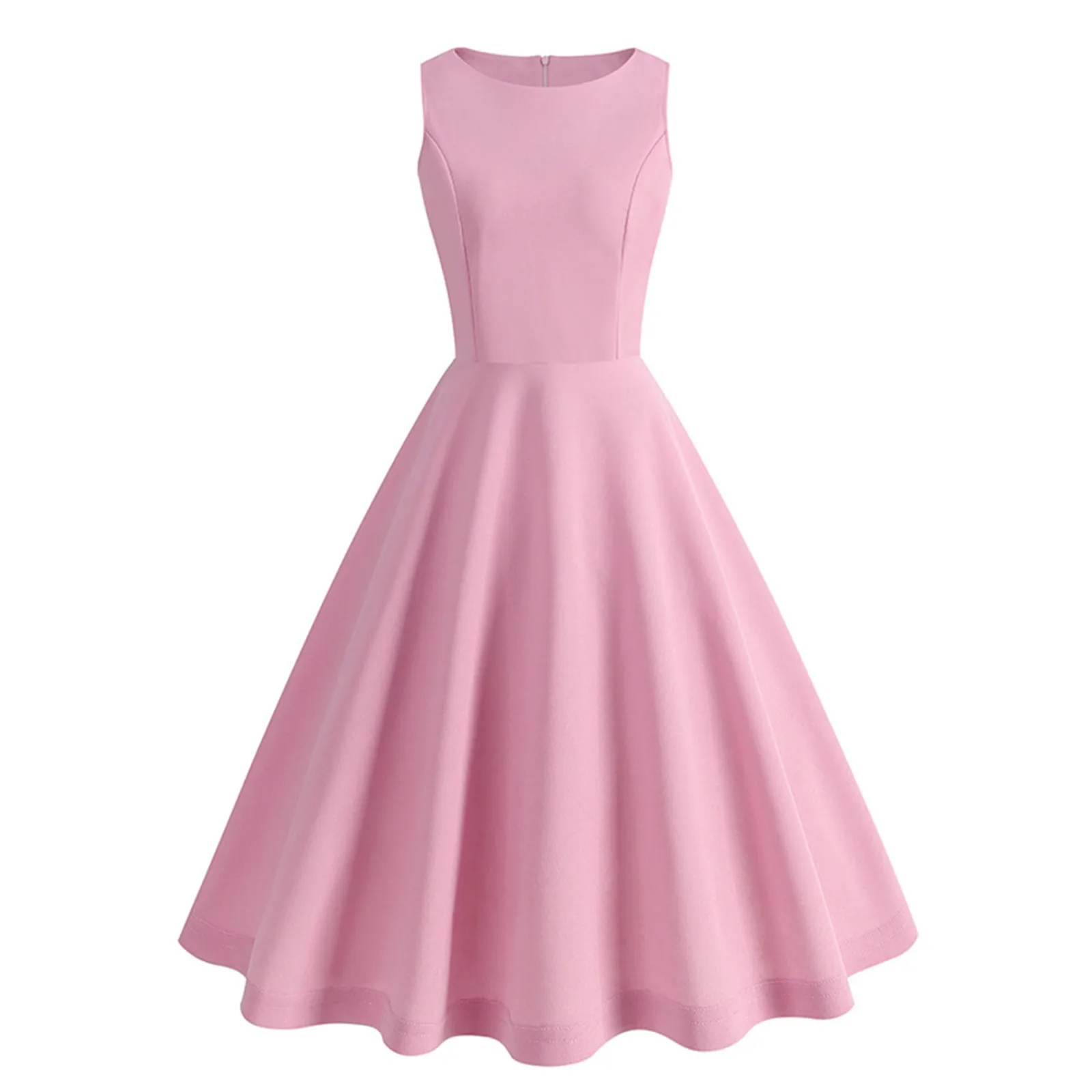Retro Pink Women Midi Dress Solid Color Sleeveless Swing Dresses Round Neck Party Dress Robe Femmes
