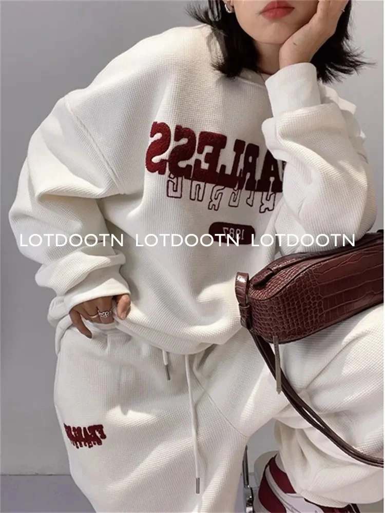 

Autumn Winter Tracksuit 2 Piece Sets Women Solid Thin O-Neck Print Sweatshirt And Drawstring Trouser Female Loose Suits