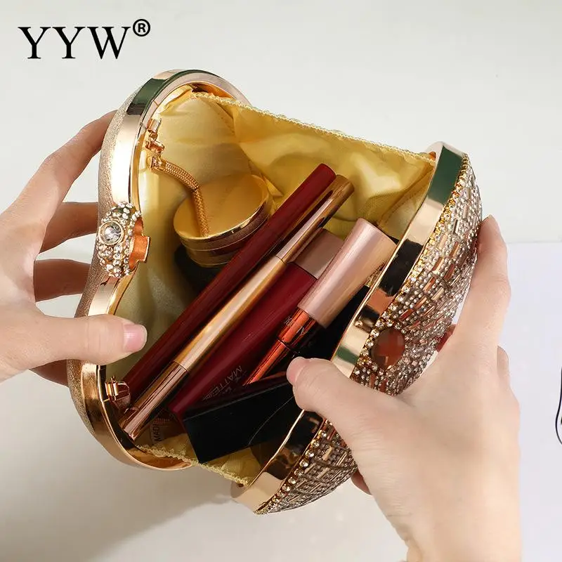 Luxury Bling Rhinestone Evening Handbag Women Love Heart Shape Diamond Ring Clutch Bag with Tassel Metal Chain Lady Party Purse