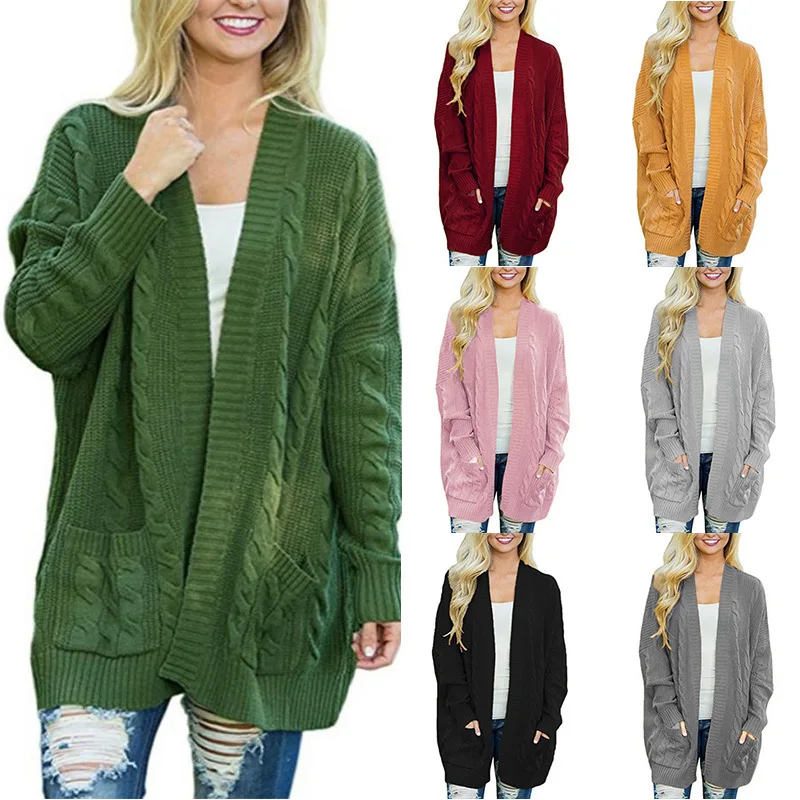 

Autumn Women's V-neck Twist Pattern Mid-length Knitted Cardigan Sweater Coat